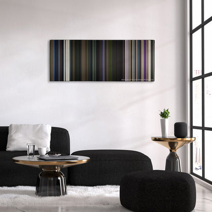 Guardians of the Galaxy color palette canvas above a black sofa with a gold-topped table