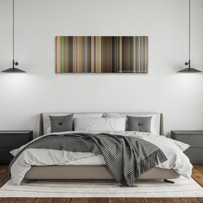 Hairspray color palette canvas above a bed, between two black pendant lamps