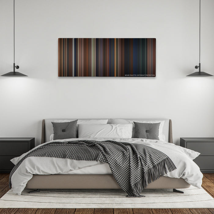 Harry Potter and the Chamber of Secrets color palette canvas above a bed, between two black pendant lamps