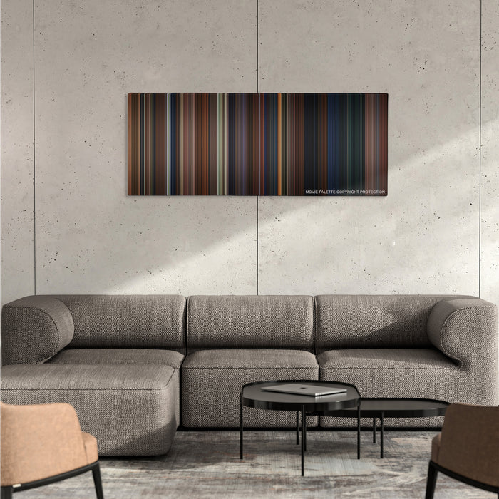 Harry Potter and the Chamber of Secrets color palette canvas on a concrete wall above a gray sectional sofa