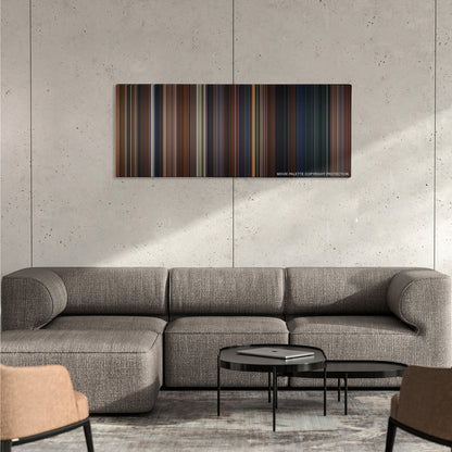 Harry Potter and the Chamber of Secrets color palette canvas on a concrete wall above a gray sectional sofa