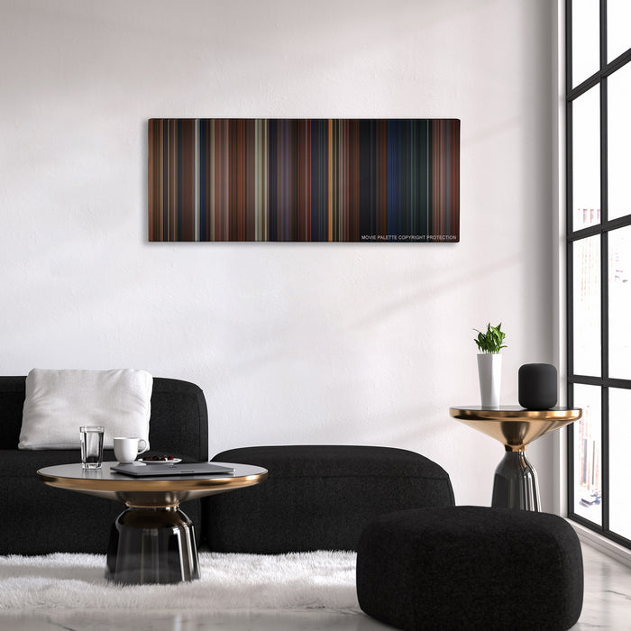 Harry Potter and the Chamber of Secrets color palette canvas above a black sofa with a gold-topped table