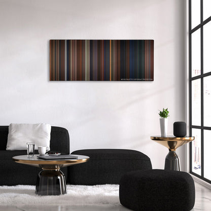 Harry Potter and the Chamber of Secrets color palette canvas above a black sofa with a gold-topped table