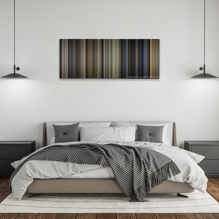 Harry Potter and the Sorcerer's Stone color palette canvas above a bed, between two black pendant lamps