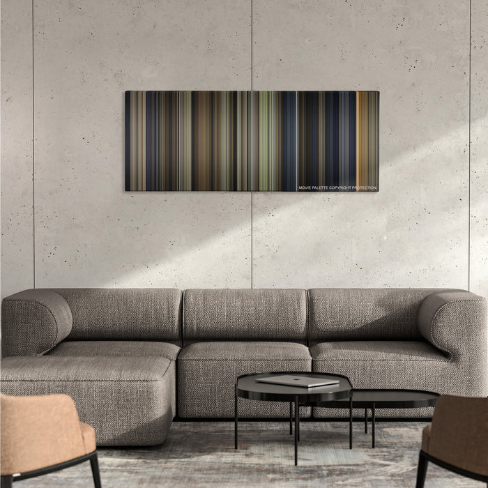 Harry Potter and the Sorcerer's Stone color palette canvas on a concrete wall above a gray sectional sofa