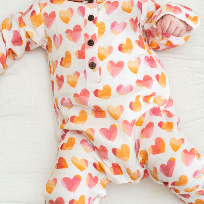 Hearts Baby Coverall Jumpsuit Model Detail (Organic Muslin)