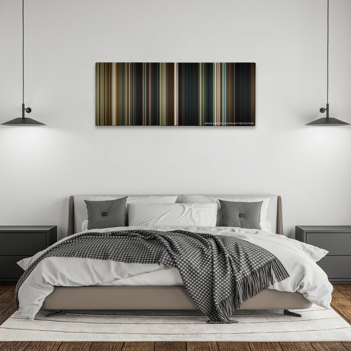 Hereditary color palette canvas above a bed, between two black pendant lamps