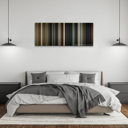 Hereditary color palette canvas above a bed, between two black pendant lamps
