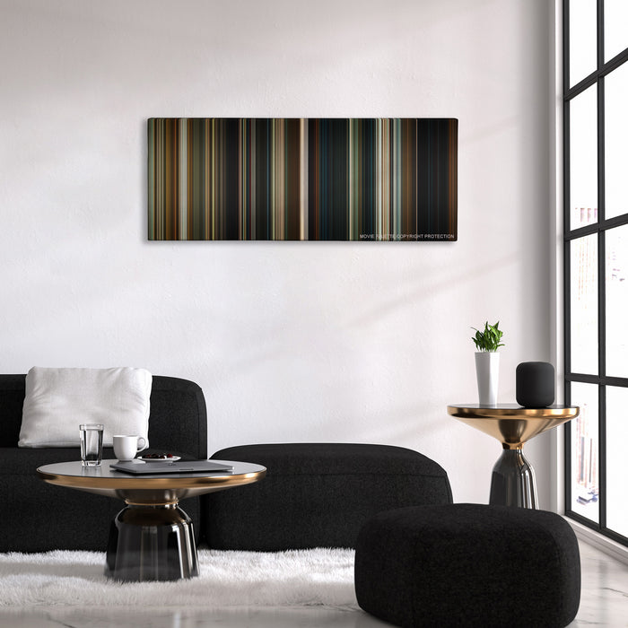 Hereditary color palette canvas above a black sofa with a gold-topped table