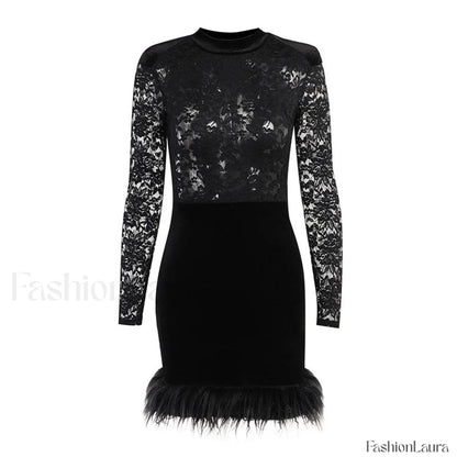 High Neck Long Sleeve Floral Lace Panel Trim Mini Dress - Black