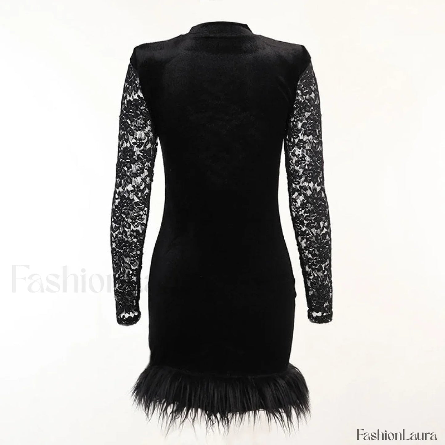 High Neck Long Sleeve Floral Lace Panel Trim Mini Dress - Black