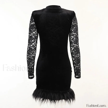 High Neck Long Sleeve Floral Lace Panel Trim Mini Dress - Black