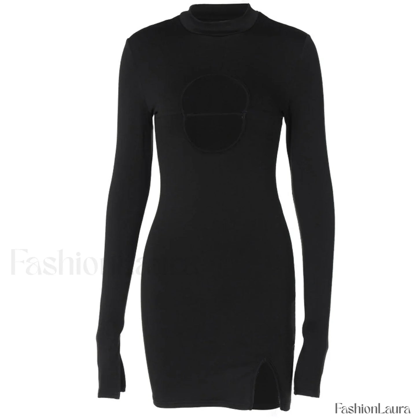 High Neck Long Sleeve Side Split Cutout Mini Dress - Black