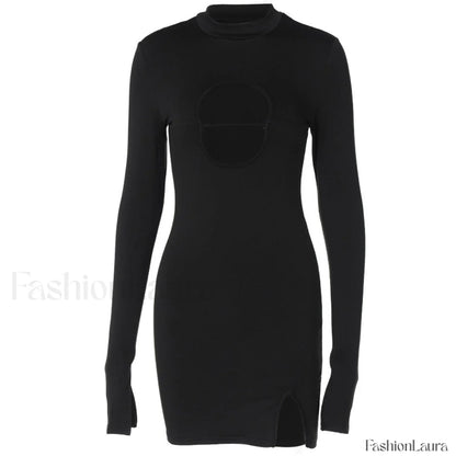 High Neck Long Sleeve Side Split Cutout Mini Dress - Black