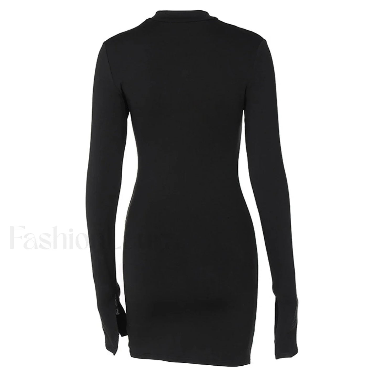 High Neck Long Sleeve Side Split Cutout Mini Dress - Black