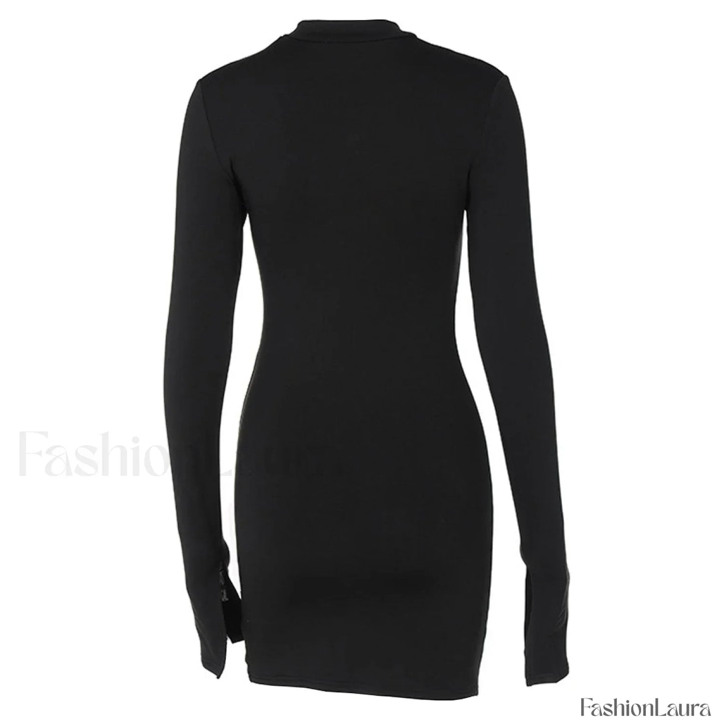 High Neck Long Sleeve Side Split Cutout Mini Dress - Black