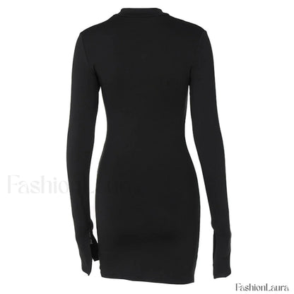 High Neck Long Sleeve Side Split Cutout Mini Dress - Black