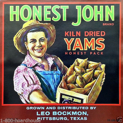HONEST JOHN YAMS Vegetable Crate Box Label 1926