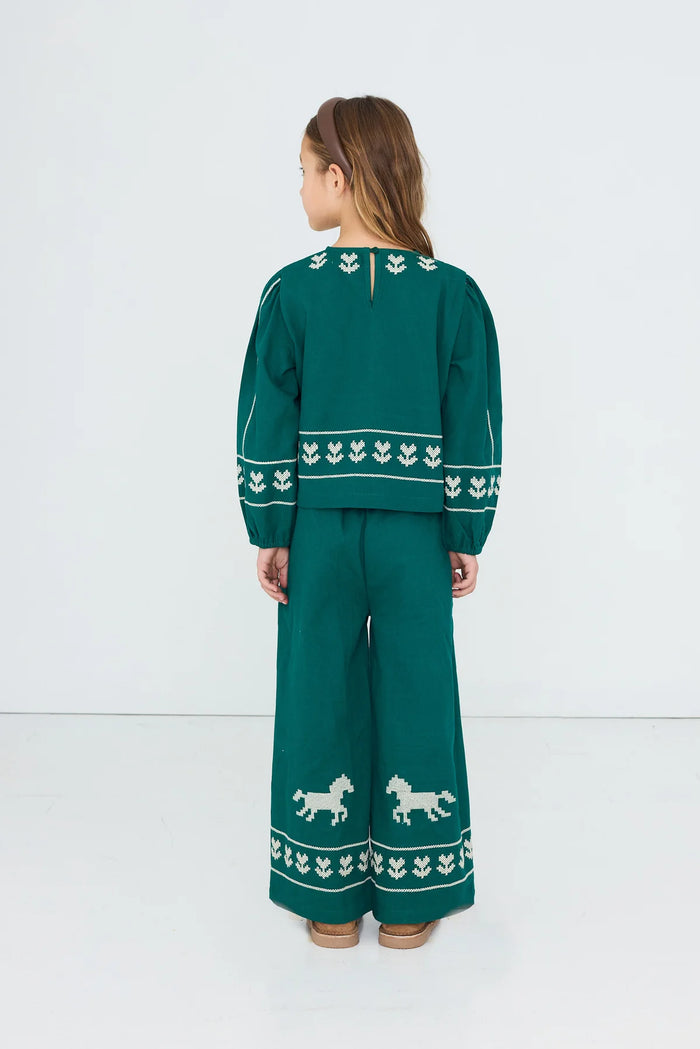 Horses & Flowers Pant in Dark Green