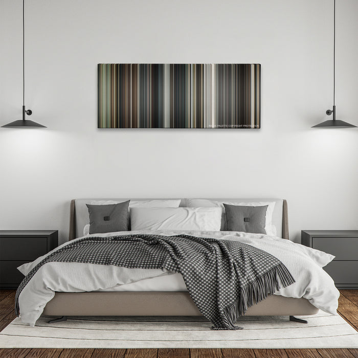 Interstellar color palette canvas above a bed, between two black pendant lamps
