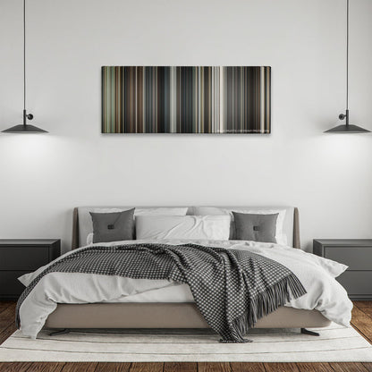Interstellar color palette canvas above a bed, between two black pendant lamps