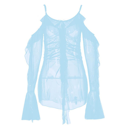 Long flared sleeve Off shoulder sheer mesh ruffle mini dress  | Festival Outfits Women