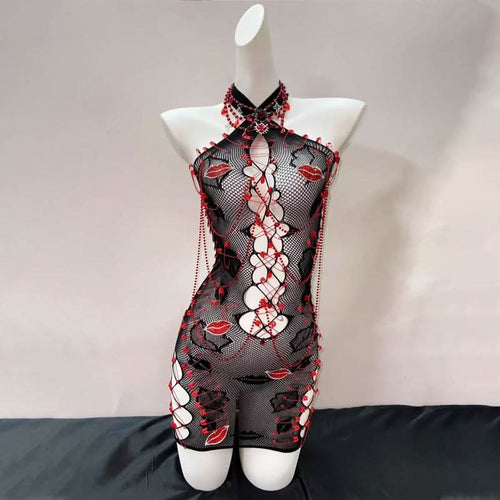 Hollow out fishnet see through lip print cut out mini dress  | Festival Outfits Women