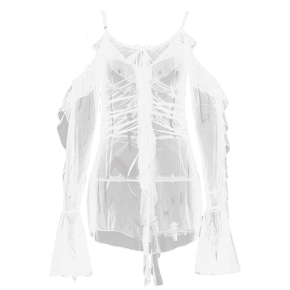 Long flared sleeve Off shoulder sheer mesh ruffle mini dress  | Festival Outfits Women