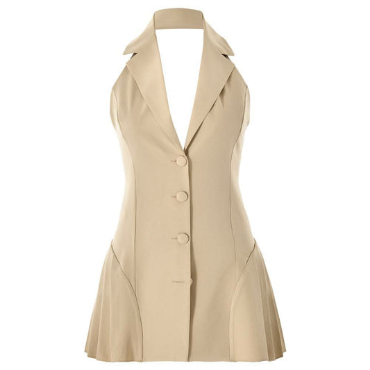 Halter deep V neck button pleated backless mini dress  | Festival Outfits Women