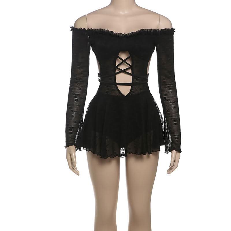 Off shoulder long sleeve hollow out self tie cut out mini dress  | Festival Outfits Women