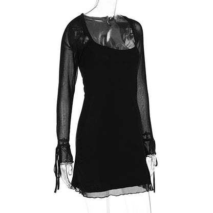 Long sleeve slit mesh square neck mini dress  | Festival Outfits Women