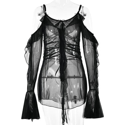 Long flared sleeve Off shoulder sheer mesh ruffle mini dress  | Festival Outfits Women