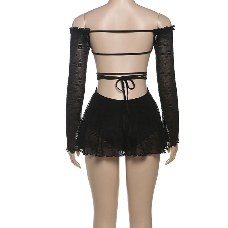 Off shoulder long sleeve hollow out self tie cut out mini dress  | Festival Outfits Women