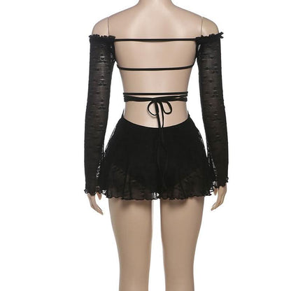 Off shoulder long sleeve hollow out self tie cut out mini dress  | Festival Outfits Women