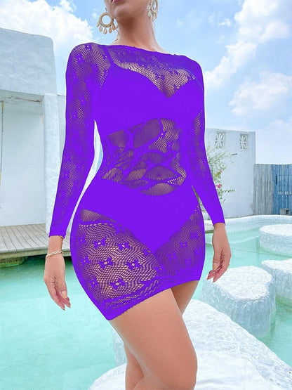 Long sleeve crewneck fishnet pattern mini dress  | Festival Outfits Women
