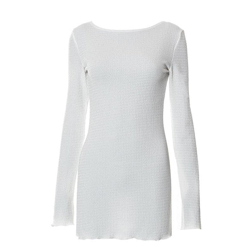 Textured solid self tie backless long sleeve ruffle mini dress