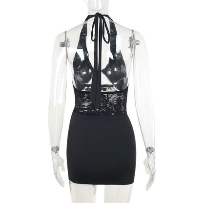 Halter self tie hollow out lace ruched cut out mini dress  | Festival Outfits Women