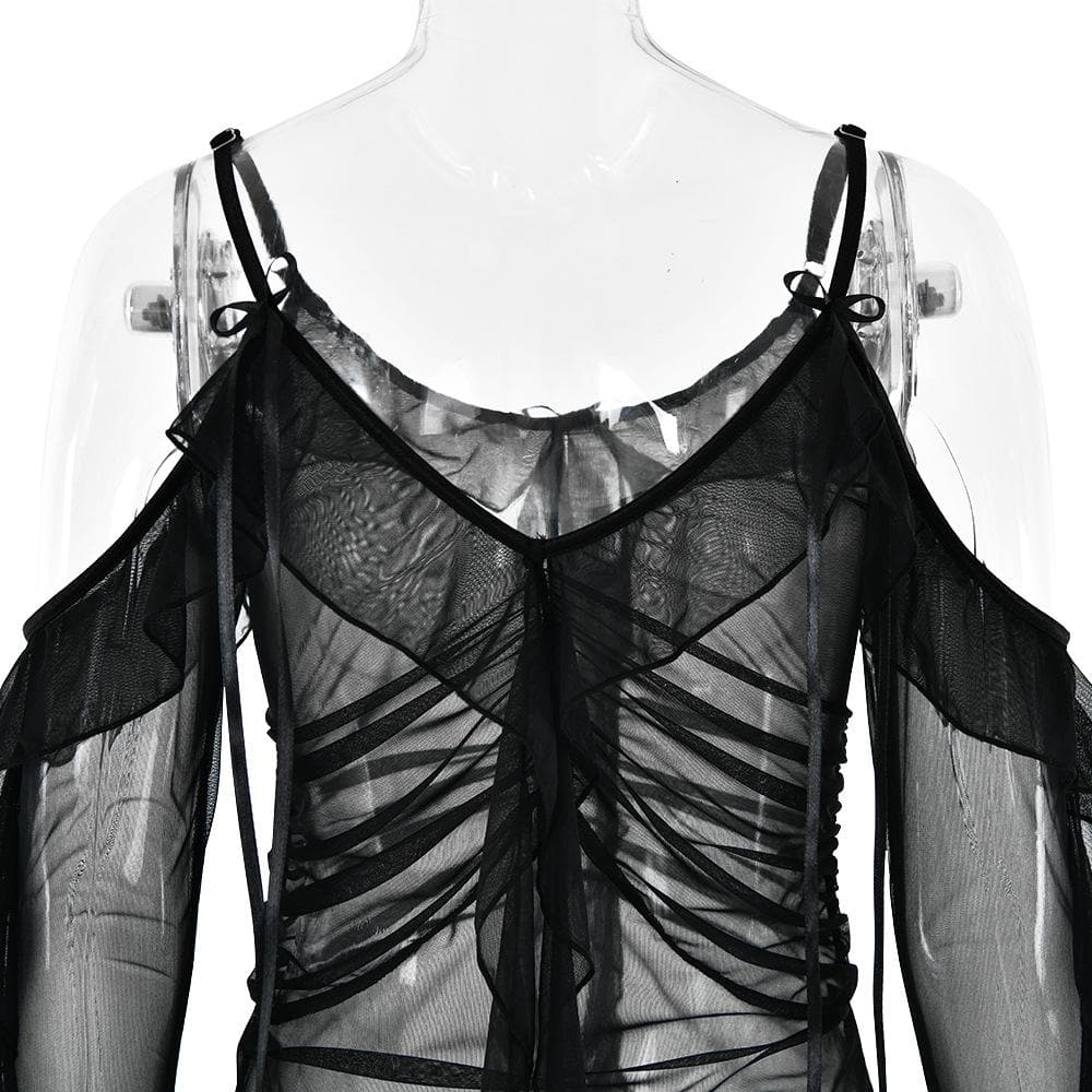 Long flared sleeve Off shoulder sheer mesh ruffle mini dress  | Festival Outfits Women