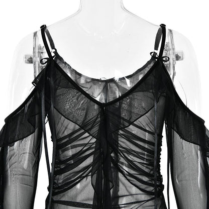 Long flared sleeve Off shoulder sheer mesh ruffle mini dress  | Festival Outfits Women