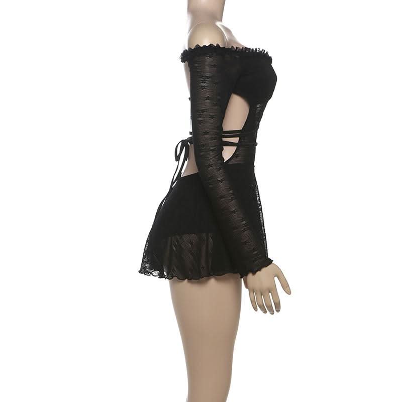 Off shoulder long sleeve hollow out self tie cut out mini dress  | Festival Outfits Women