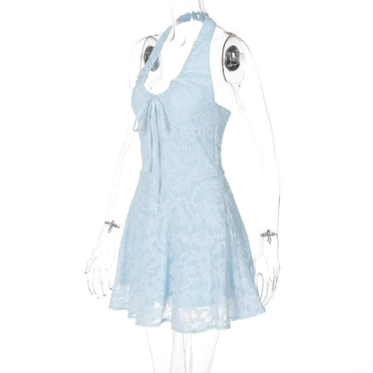 Halter textured knotted ruched button mini dress  | Festival Outfits Women