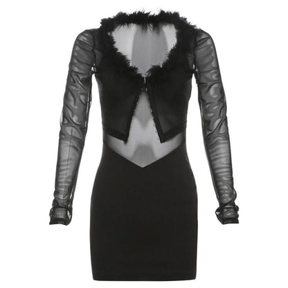 Feather v neck mesh long sleeve button mini dress  | Festival Outfits Women