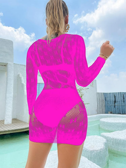 Long sleeve crewneck fishnet pattern mini dress  | Festival Outfits Women