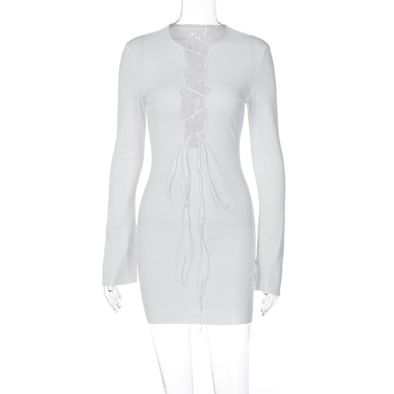 Lace up solid long sleeve ribbed self tie mini dress  | Festival Outfits Women