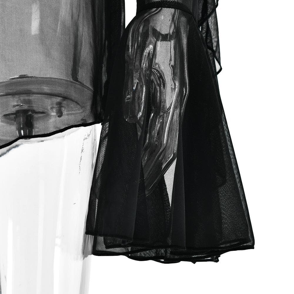 Long flared sleeve Off shoulder sheer mesh ruffle mini dress  | Festival Outfits Women