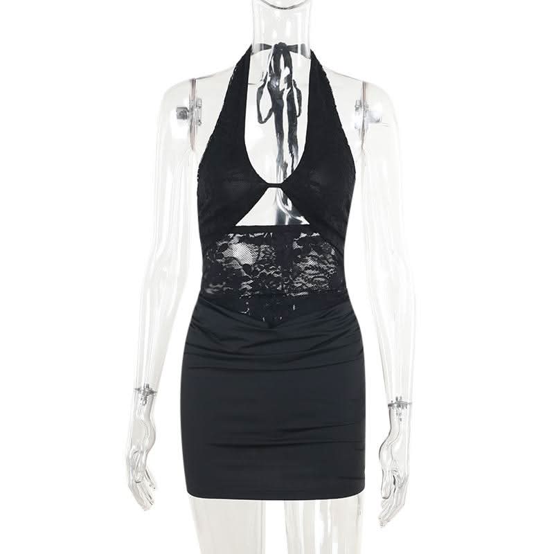 Halter self tie hollow out lace ruched cut out mini dress  | Festival Outfits Women