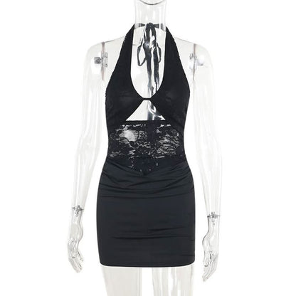 Halter self tie hollow out lace ruched cut out mini dress  | Festival Outfits Women