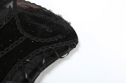 Sweetheart neck velvet lace up mesh beaded mini dress  | Festival Outfits Women