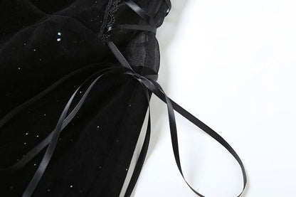 Sweetheart neck velvet lace up mesh beaded mini dress  | Festival Outfits Women
