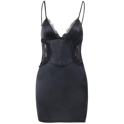 Lace patchwork corset solid v neck cami mini dress  | Festival Outfits Women